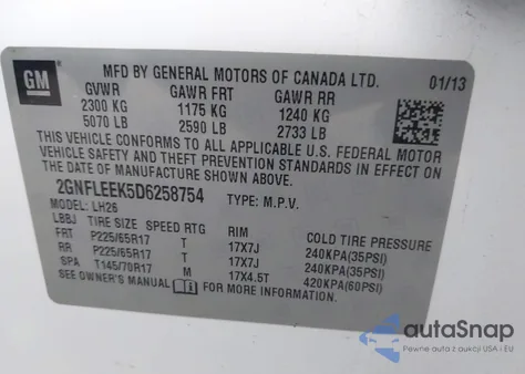 2013 Chevrolet Equinox 1Lt z USA, uszkodzony, nr VIN 2GNFLEEK5D6258754